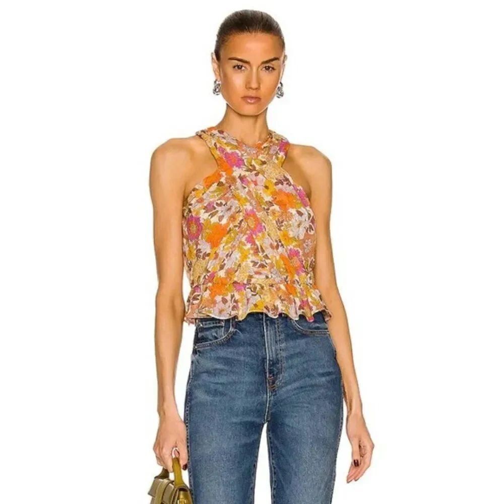 NWT Revolves Veronica Beard Kailani Garden Neutral Pink Floral Halter Silk Top